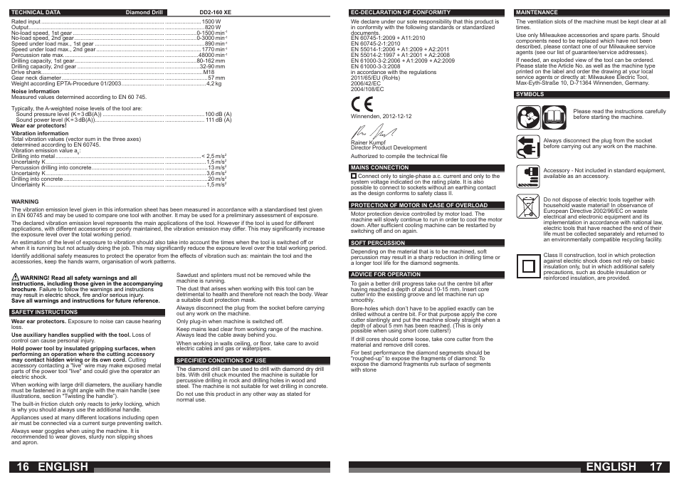 English | Milwaukee DD2-160 XE User Manual | Page 9 / 37