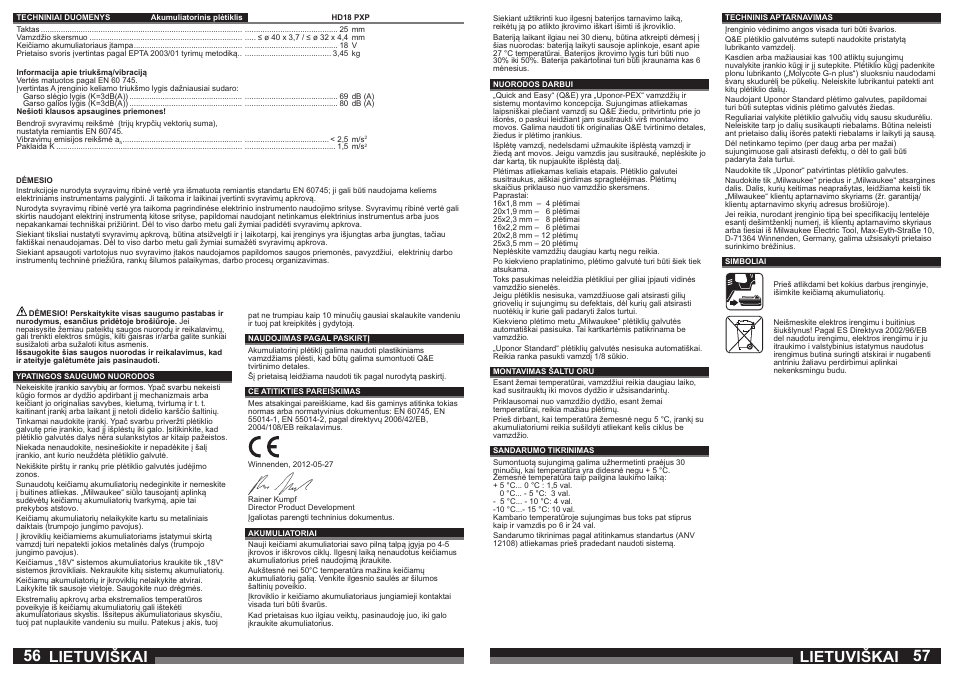 Lietuviškai | Milwaukee HD18 PXP User Manual | Page 29 / 37