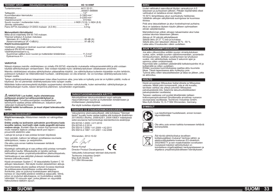 Suomi | Milwaukee HD18 HIWF User Manual | Page 17 / 35