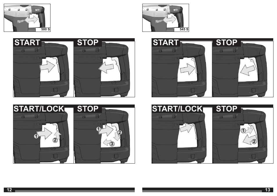 Start, Start/lock stop stop start/lock stop start stop | Milwaukee 500 S User Manual | Page 7 / 39