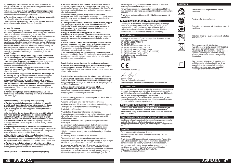 46 47 svenska, Svenska | Milwaukee AG 21-230 E User Manual | Page 24 / 51