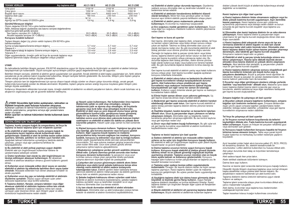 Türkçe | Milwaukee AG 21-230 E User Manual | Page 28 / 51