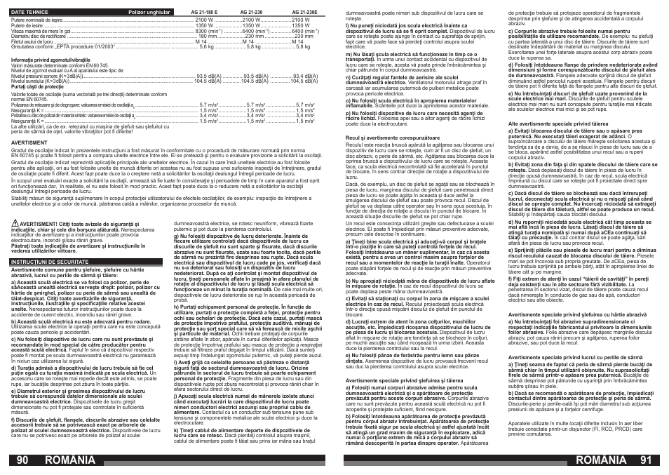 România | Milwaukee AG 21-230 E User Manual | Page 46 / 51