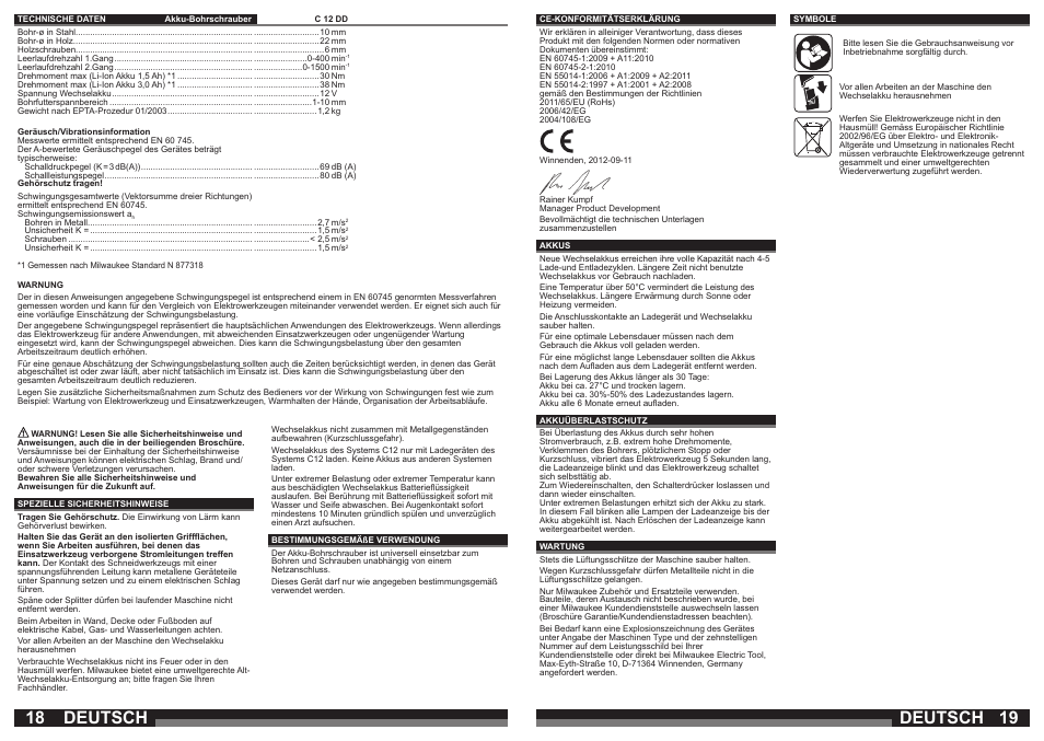 Deutsch | Milwaukee C12 DD User Manual | Page 10 / 36