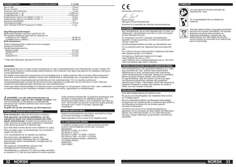 Norsk | Milwaukee C12 DD User Manual | Page 17 / 36