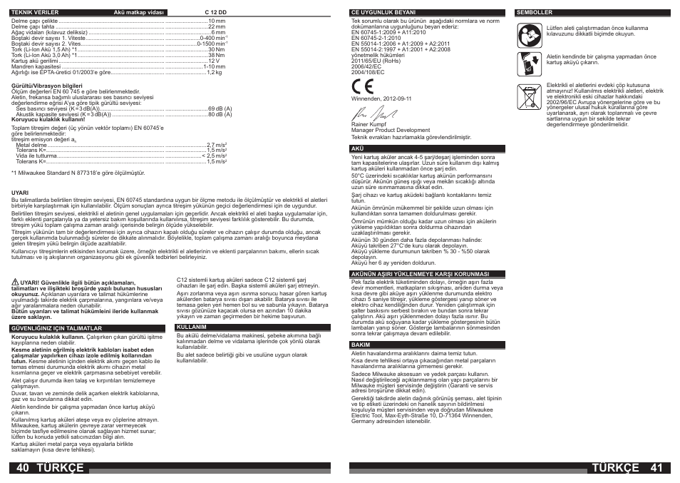 Türkçe | Milwaukee C12 DD User Manual | Page 21 / 36