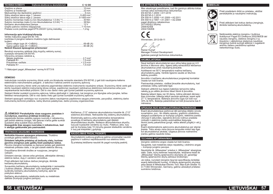 Lietuviškai | Milwaukee C12 DD User Manual | Page 29 / 36