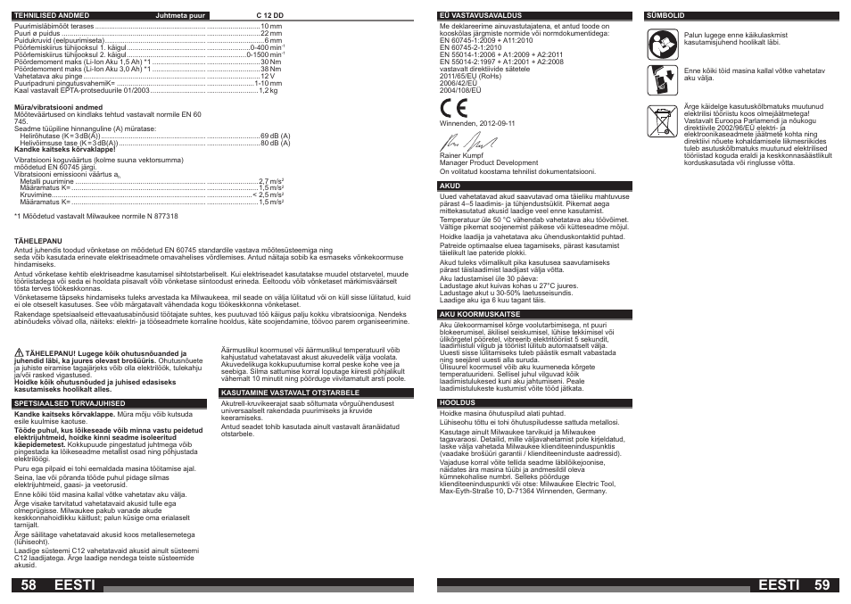 Eesti | Milwaukee C12 DD User Manual | Page 30 / 36