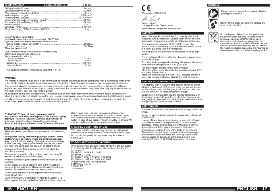 English | Milwaukee C12 DD User Manual | Page 9 / 36