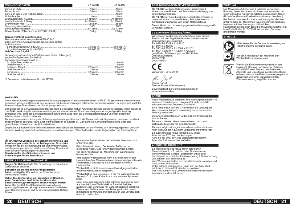 Deutsch | Milwaukee HD18 РD User Manual | Page 11 / 37