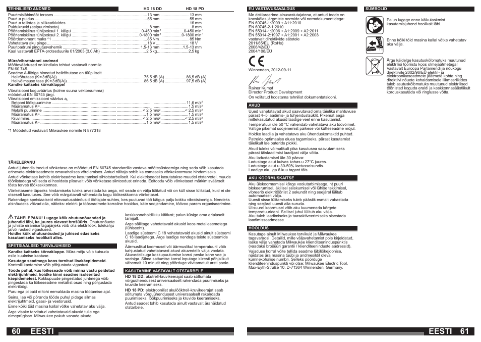 Eesti | Milwaukee HD18 РD User Manual | Page 31 / 37