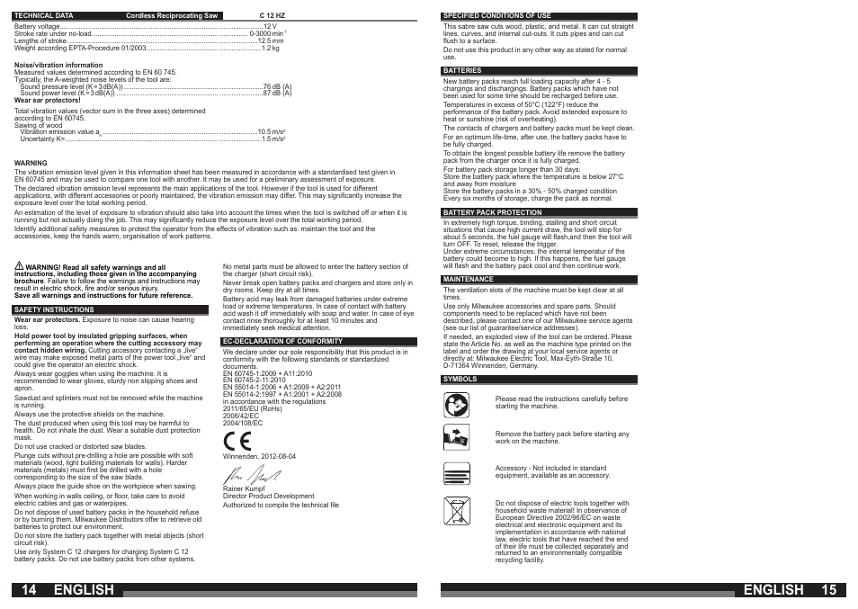 English | Milwaukee C12 HZ User Manual | Page 8 / 35