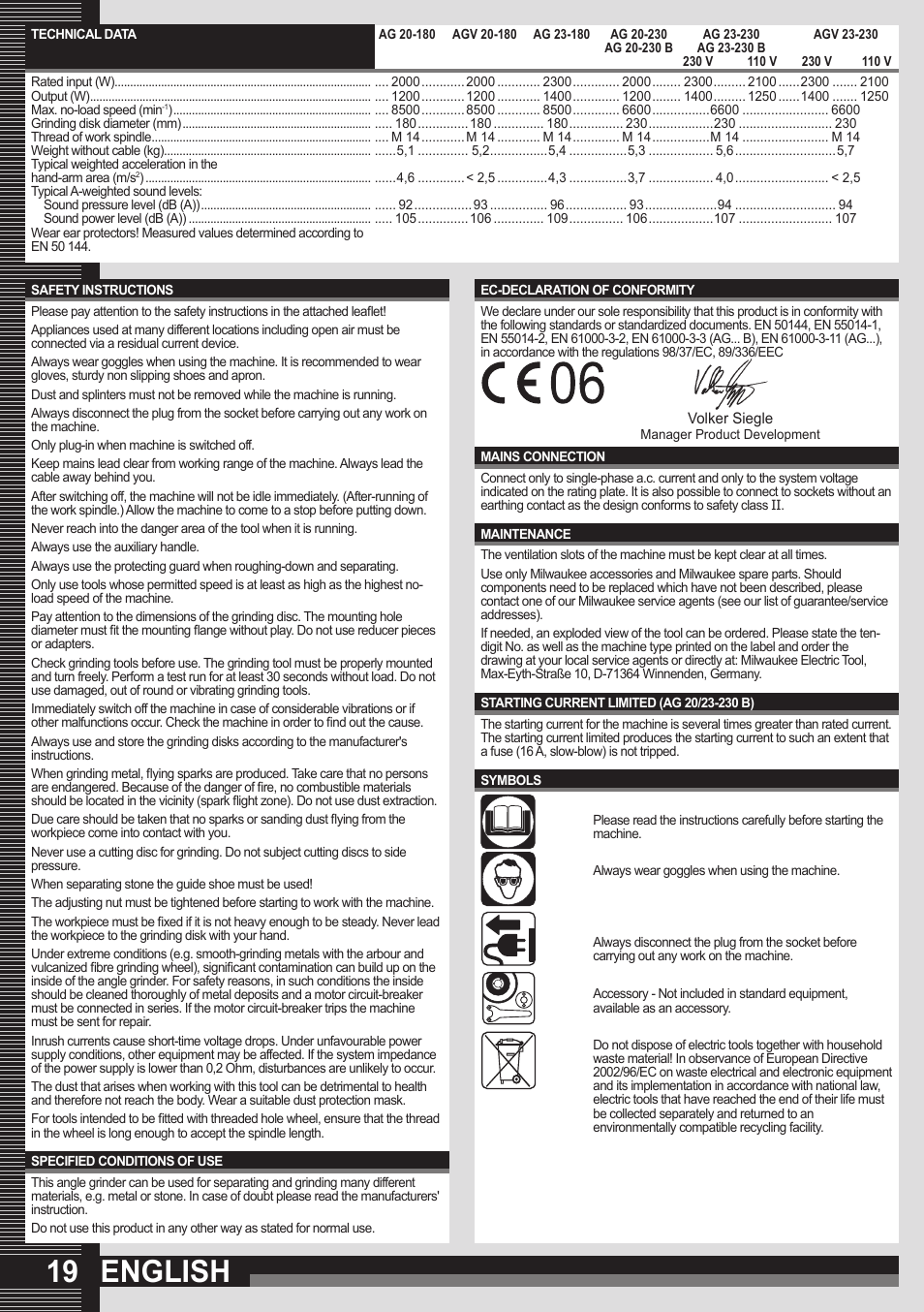 English | Milwaukee AGV 23-230 User Manual | Page 17 / 43