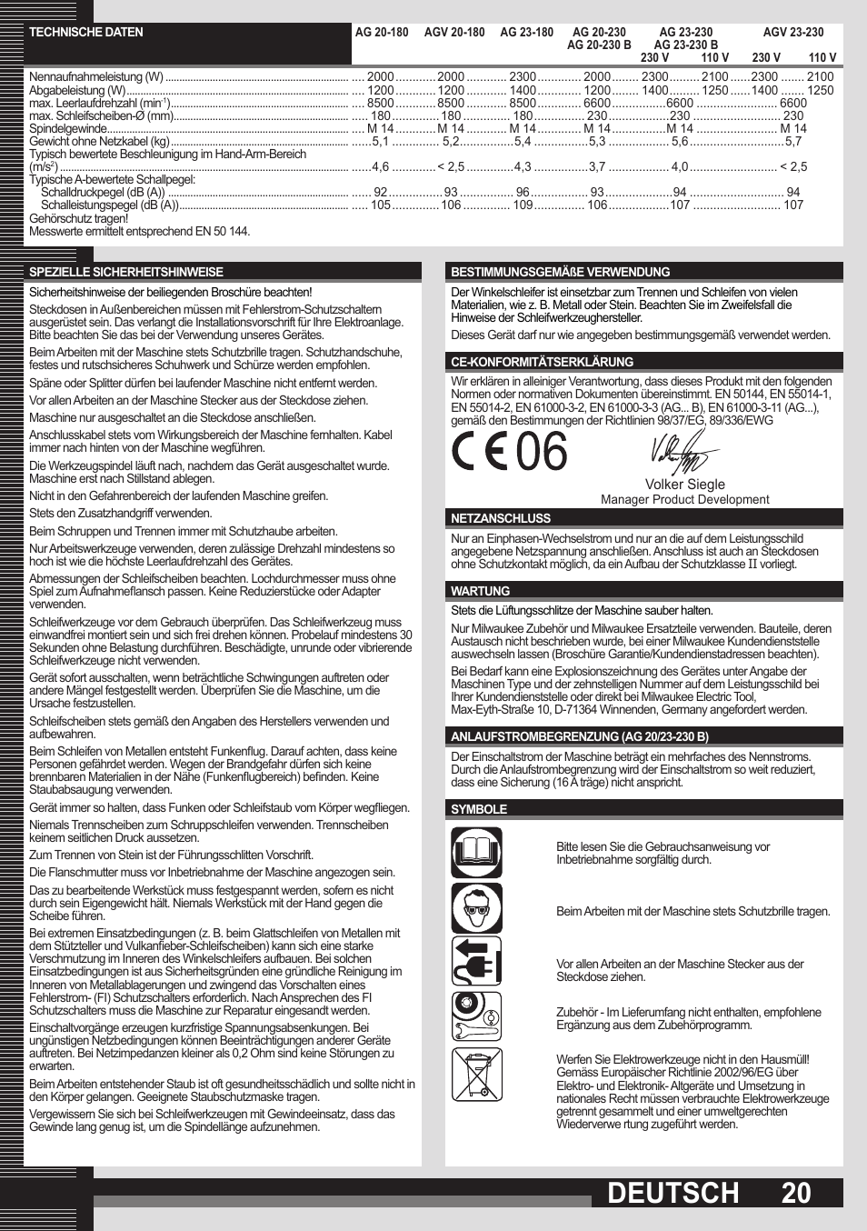 Deutsch | Milwaukee AGV 23-230 User Manual | Page 18 / 43