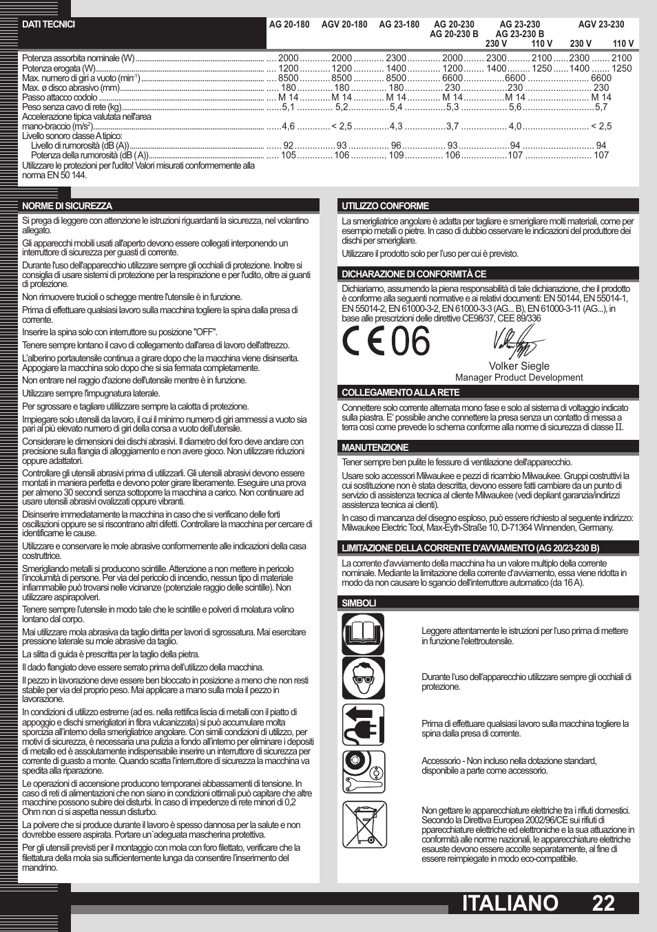 Italiano | Milwaukee AGV 23-230 User Manual | Page 20 / 43