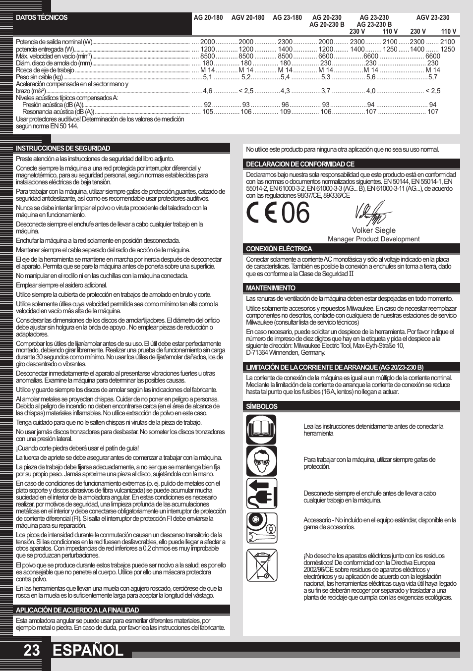 Español | Milwaukee AGV 23-230 User Manual | Page 21 / 43