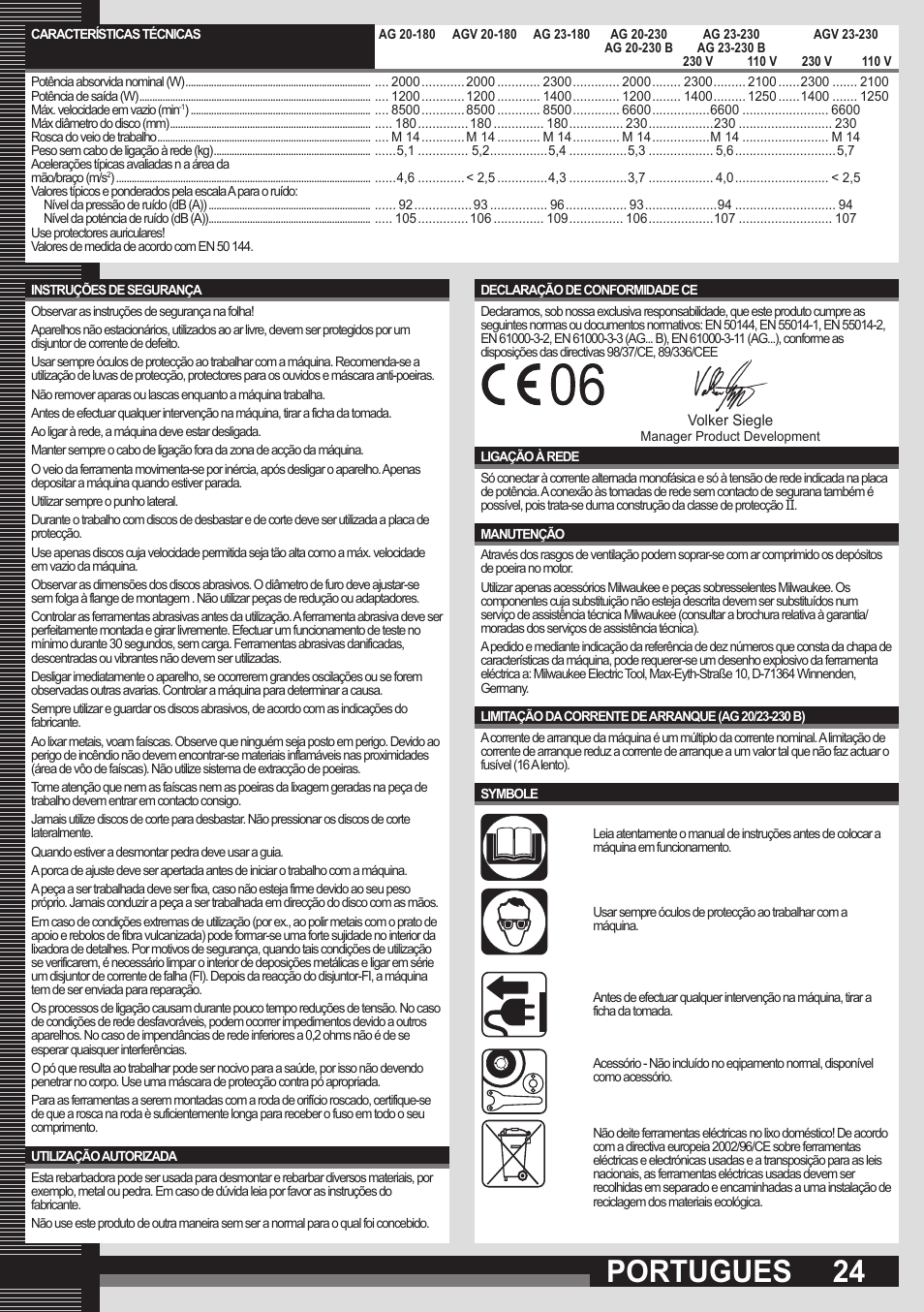 Portugues | Milwaukee AGV 23-230 User Manual | Page 22 / 43