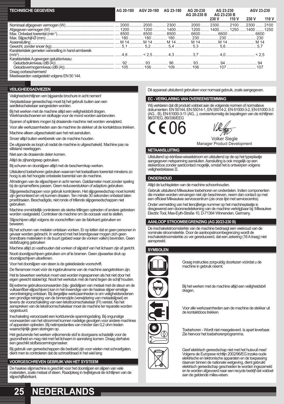 Nederlands | Milwaukee AGV 23-230 User Manual | Page 23 / 43