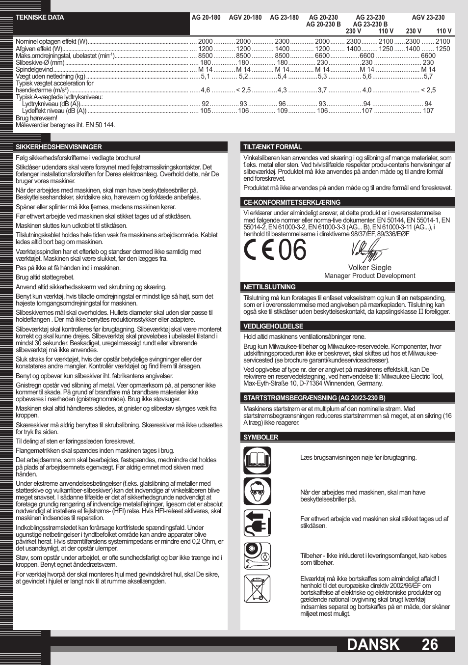 Dansk | Milwaukee AGV 23-230 User Manual | Page 24 / 43