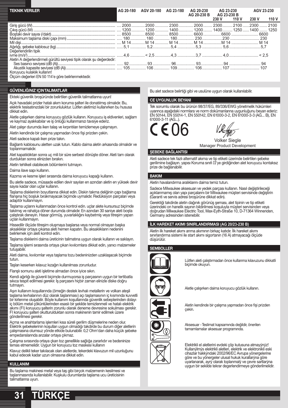 Türkçe | Milwaukee AGV 23-230 User Manual | Page 29 / 43