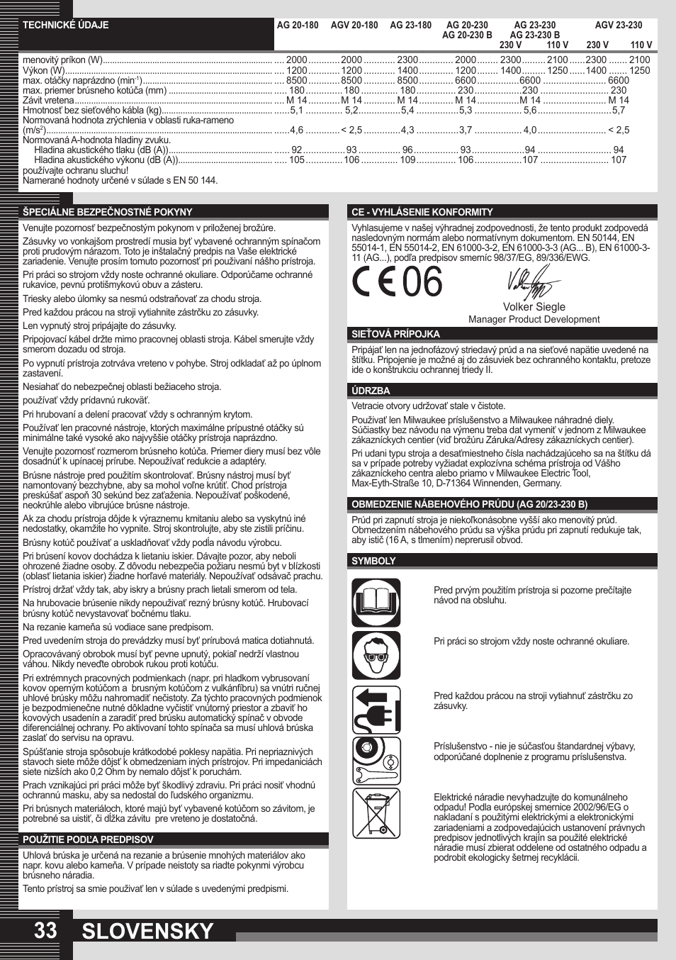 Slovensky | Milwaukee AGV 23-230 User Manual | Page 31 / 43