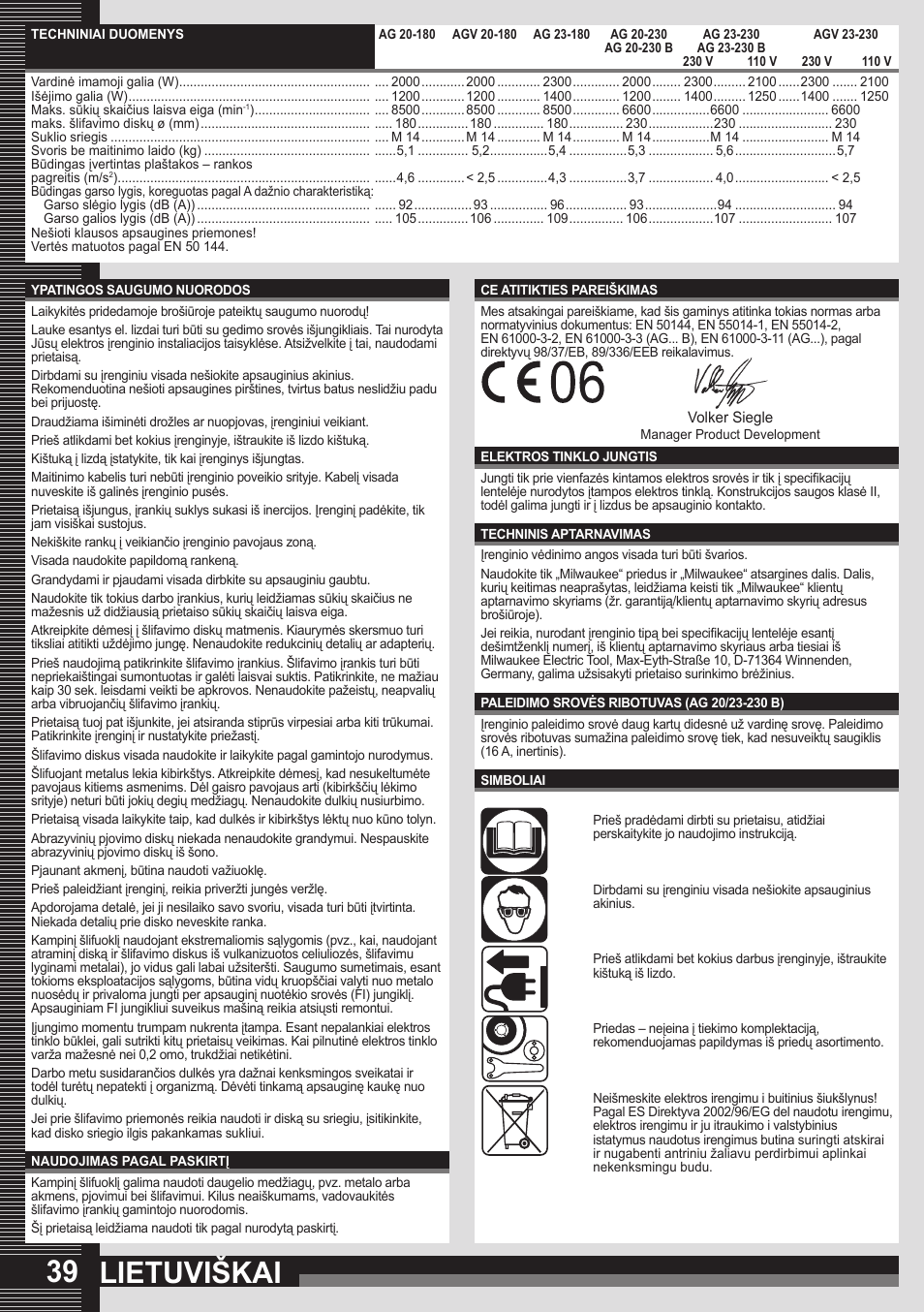 Lietuviškai | Milwaukee AGV 23-230 User Manual | Page 37 / 43