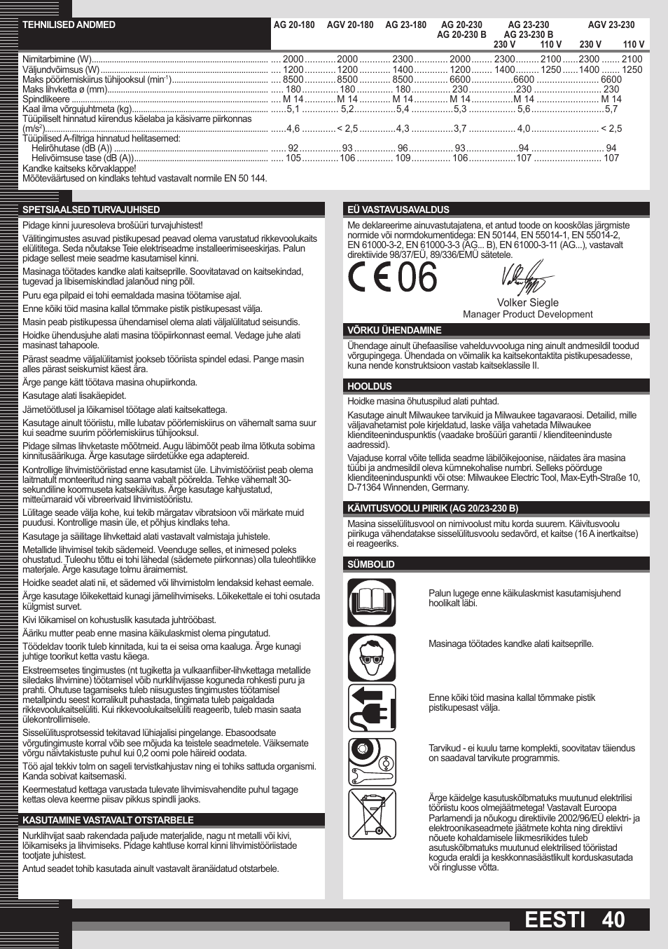 Eesti | Milwaukee AGV 23-230 User Manual | Page 38 / 43