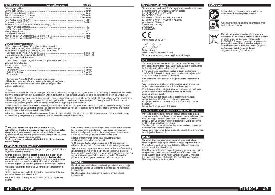 Türkçe | Milwaukee C18 DD User Manual | Page 22 / 37