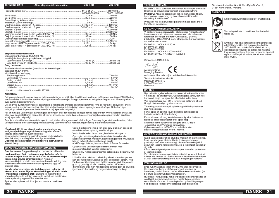 Dansk | Milwaukee M12 BPD User Manual | Page 16 / 37