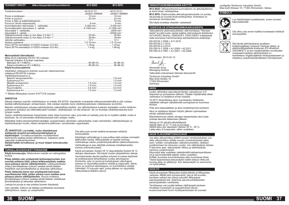 Suomi | Milwaukee M12 BPD User Manual | Page 19 / 37