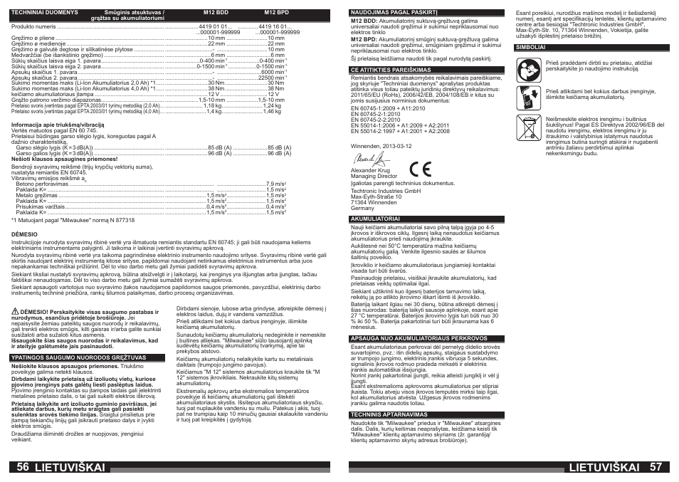 Lietuviškai | Milwaukee M12 BPD User Manual | Page 29 / 37