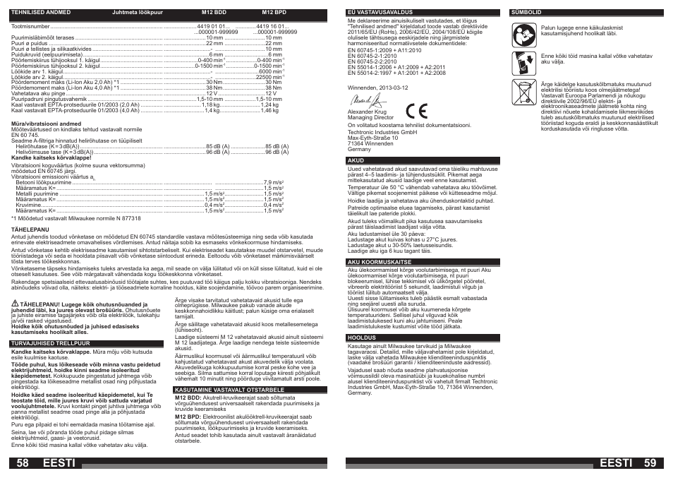 Eesti | Milwaukee M12 BPD User Manual | Page 30 / 37