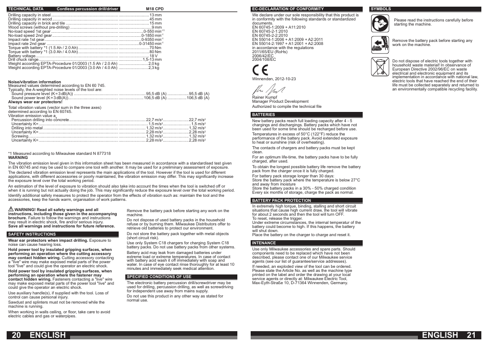 English | Milwaukee M18 CPD User Manual | Page 11 / 39