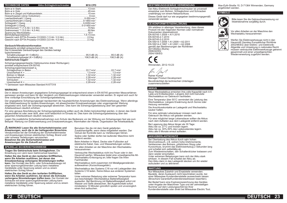 Deutsch | Milwaukee M18 CPD User Manual | Page 12 / 39