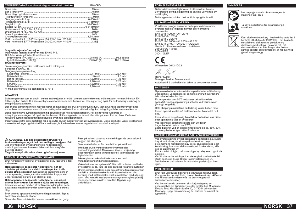 Norsk | Milwaukee M18 CPD User Manual | Page 19 / 39