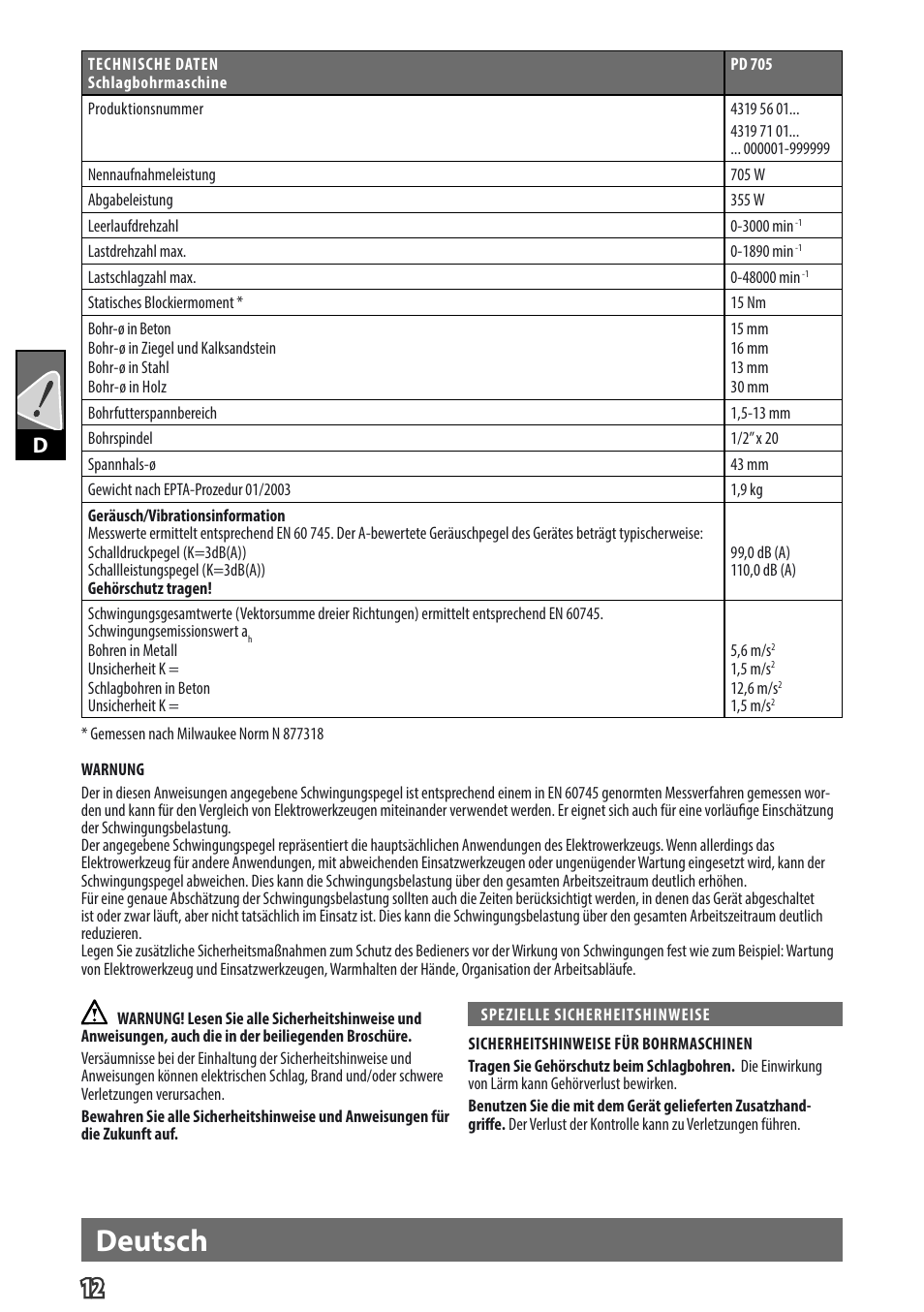 Deutsch, Gb d | Milwaukee PD 705 User Manual | Page 14 / 66