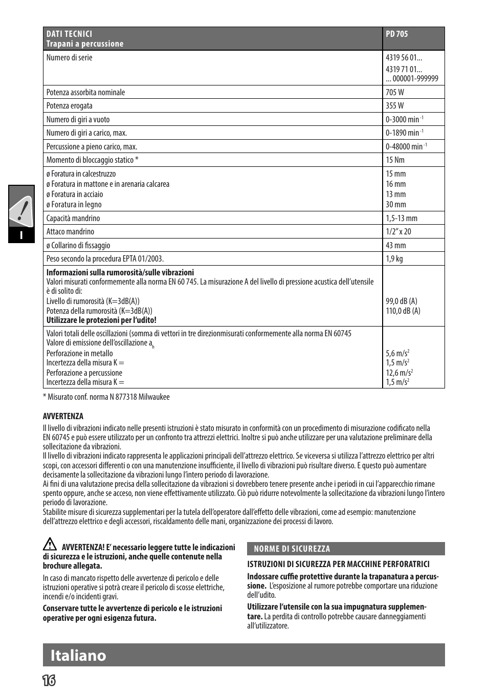 Italiano, Gb i | Milwaukee PD 705 User Manual | Page 18 / 66