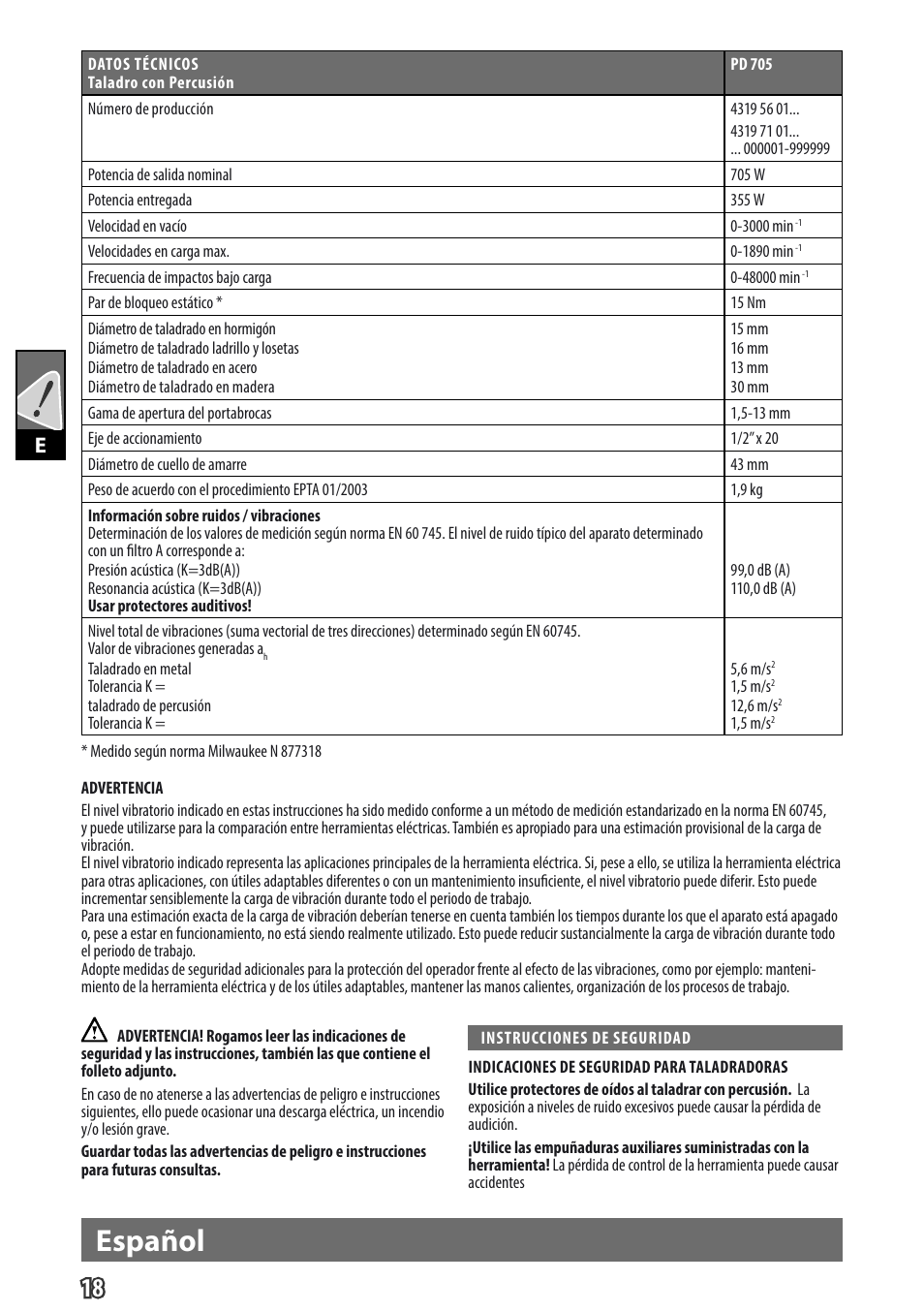 Español, Gb e | Milwaukee PD 705 User Manual | Page 20 / 66