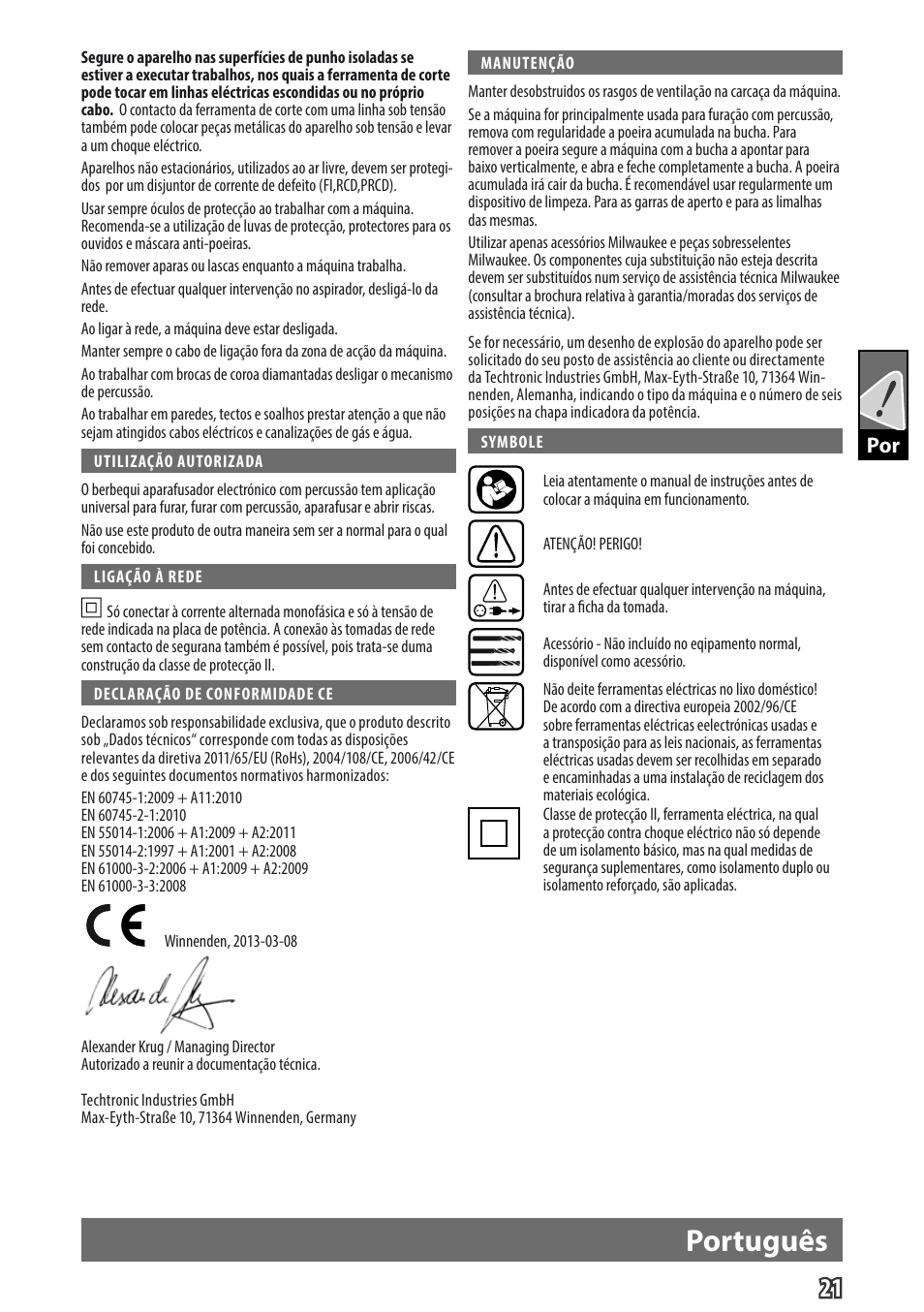 Português, Gb por | Milwaukee PD 705 User Manual | Page 23 / 66