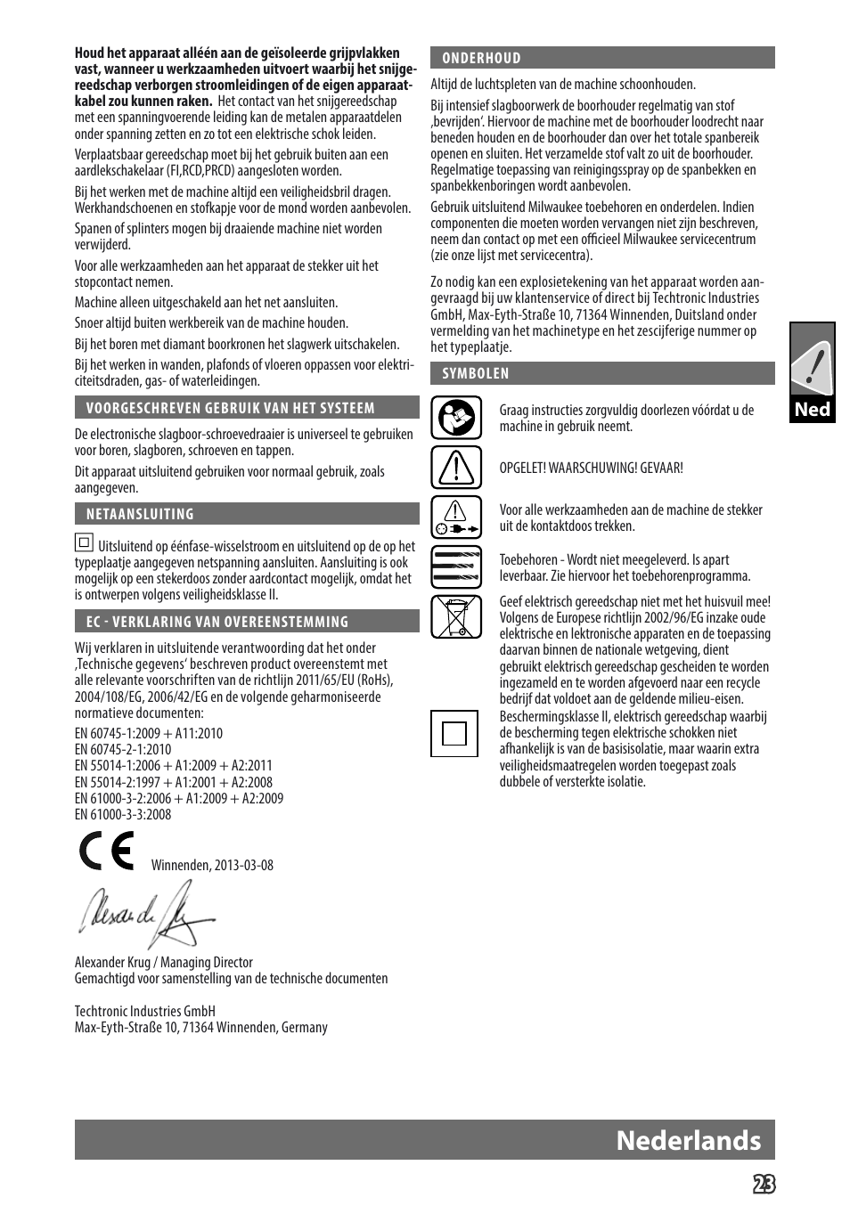 Nederlands, Gb ned | Milwaukee PD 705 User Manual | Page 25 / 66