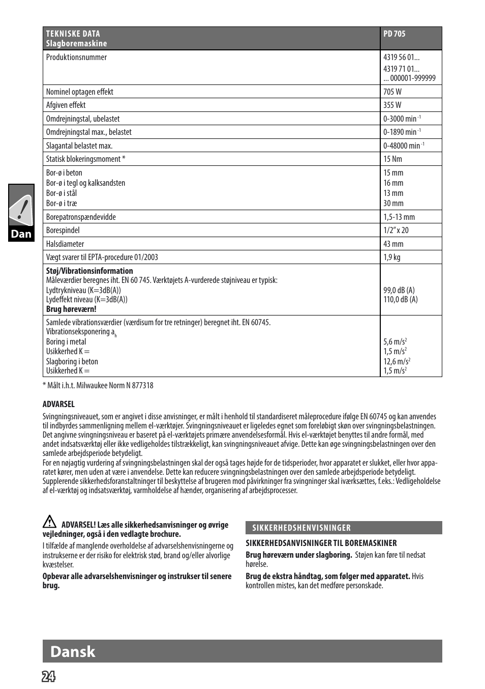 Dansk, Gb dan | Milwaukee PD 705 User Manual | Page 26 / 66