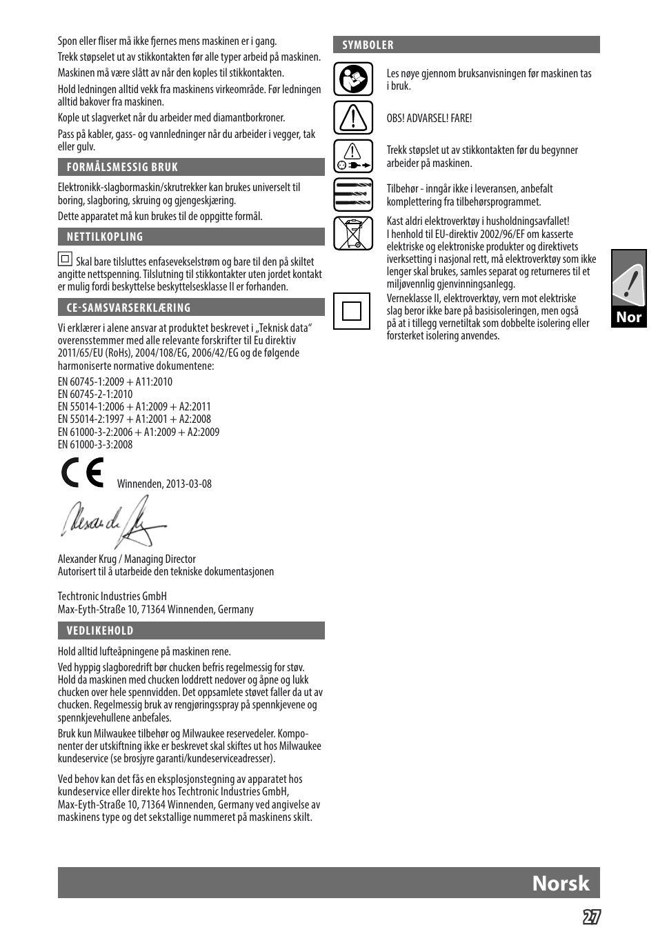 Norsk, Gb nor | Milwaukee PD 705 User Manual | Page 29 / 66