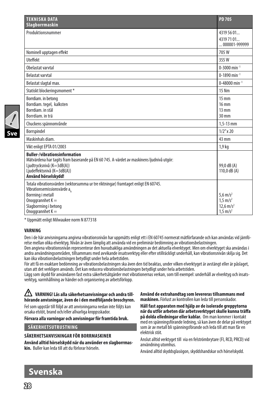 Svenska, Gb sve | Milwaukee PD 705 User Manual | Page 30 / 66