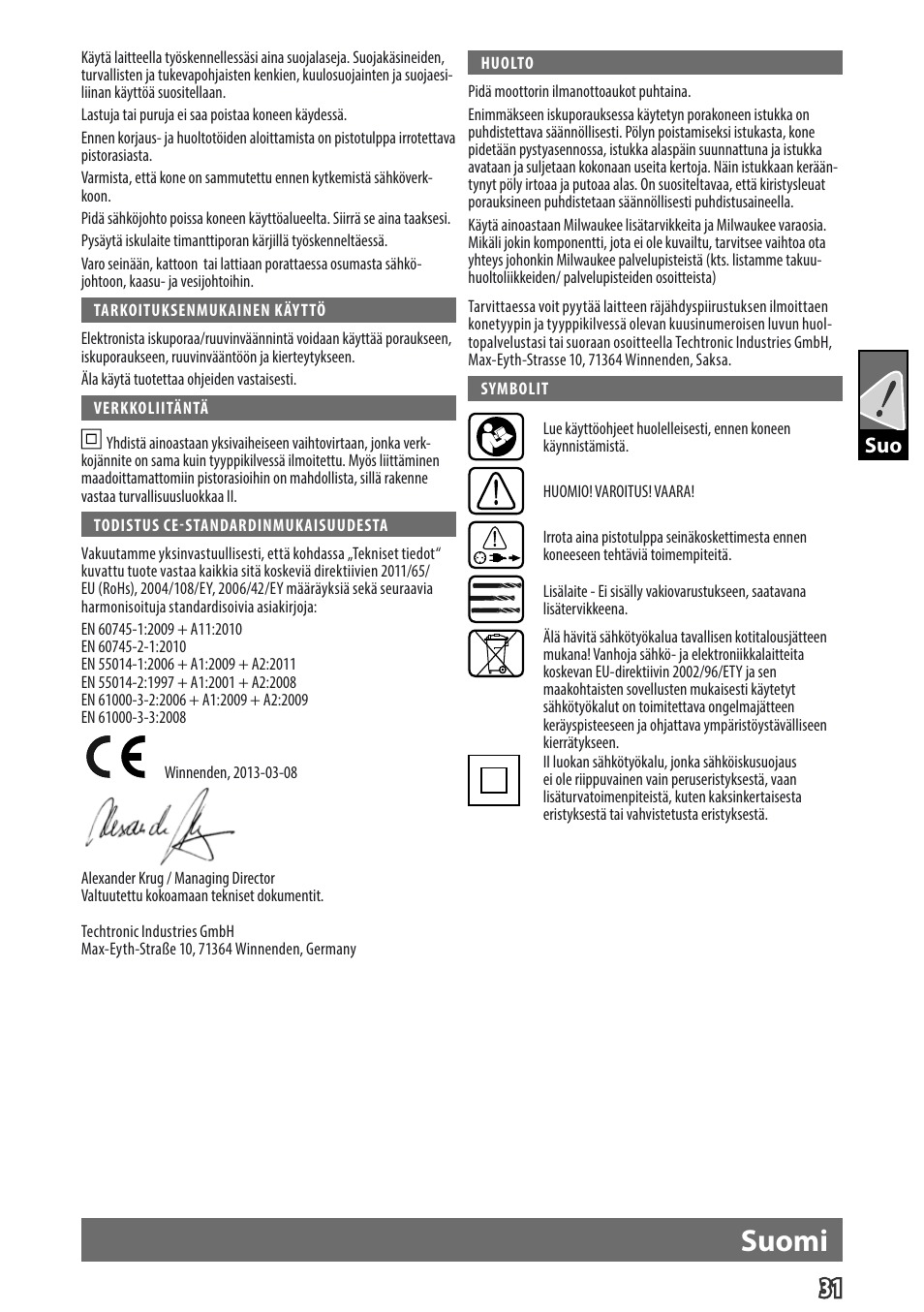 Suomi, Gb suo | Milwaukee PD 705 User Manual | Page 33 / 66