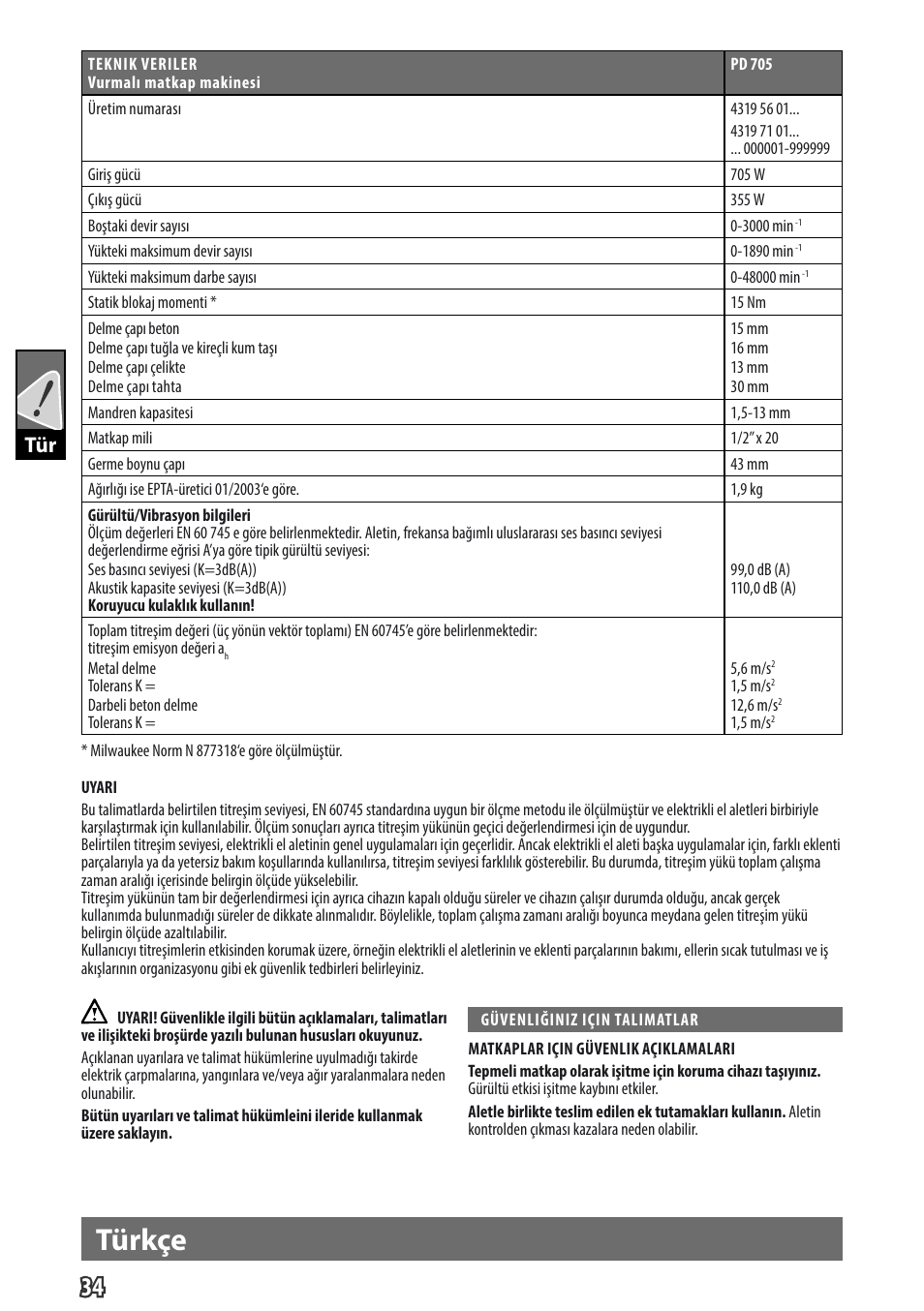 Türkçe, Gb tür | Milwaukee PD 705 User Manual | Page 36 / 66