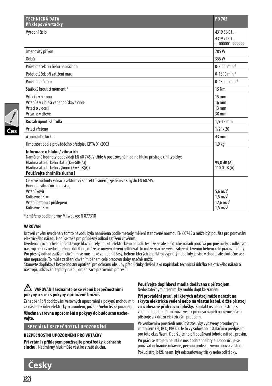 Česky, Gb čes | Milwaukee PD 705 User Manual | Page 38 / 66