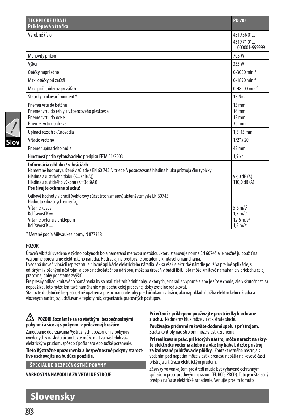 Slovensky, Gb slov | Milwaukee PD 705 User Manual | Page 40 / 66