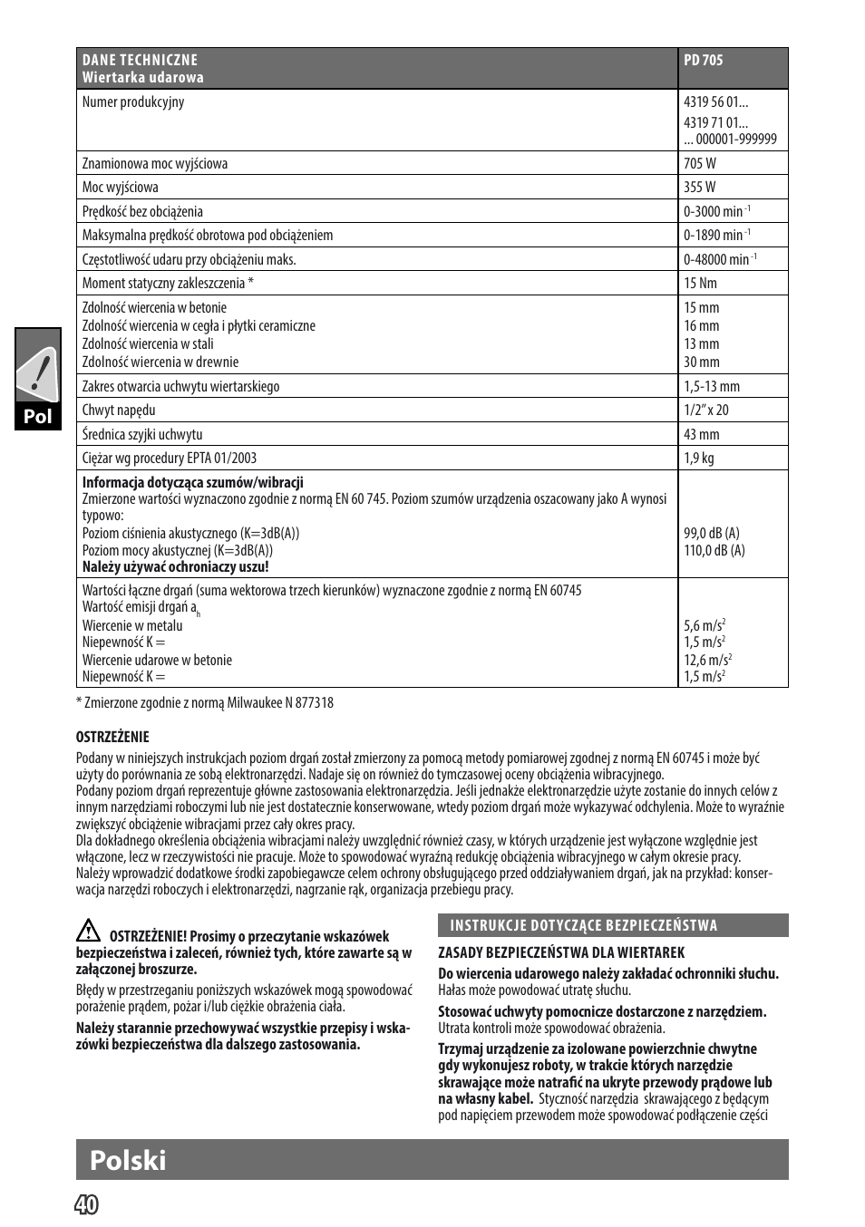 Polski, Gb pol | Milwaukee PD 705 User Manual | Page 42 / 66