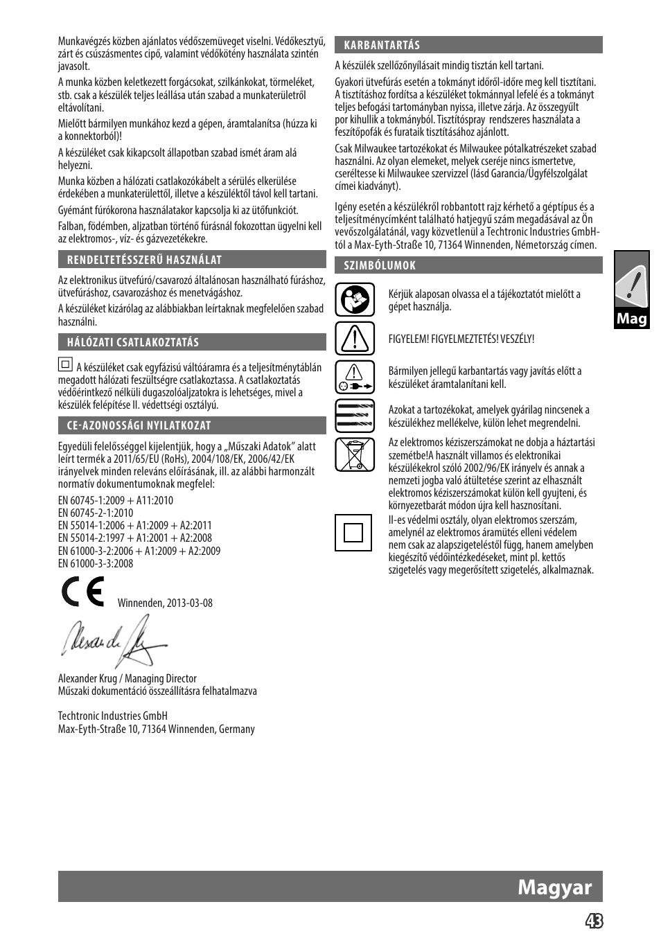 Magyar, Gb mag | Milwaukee PD 705 User Manual | Page 45 / 66