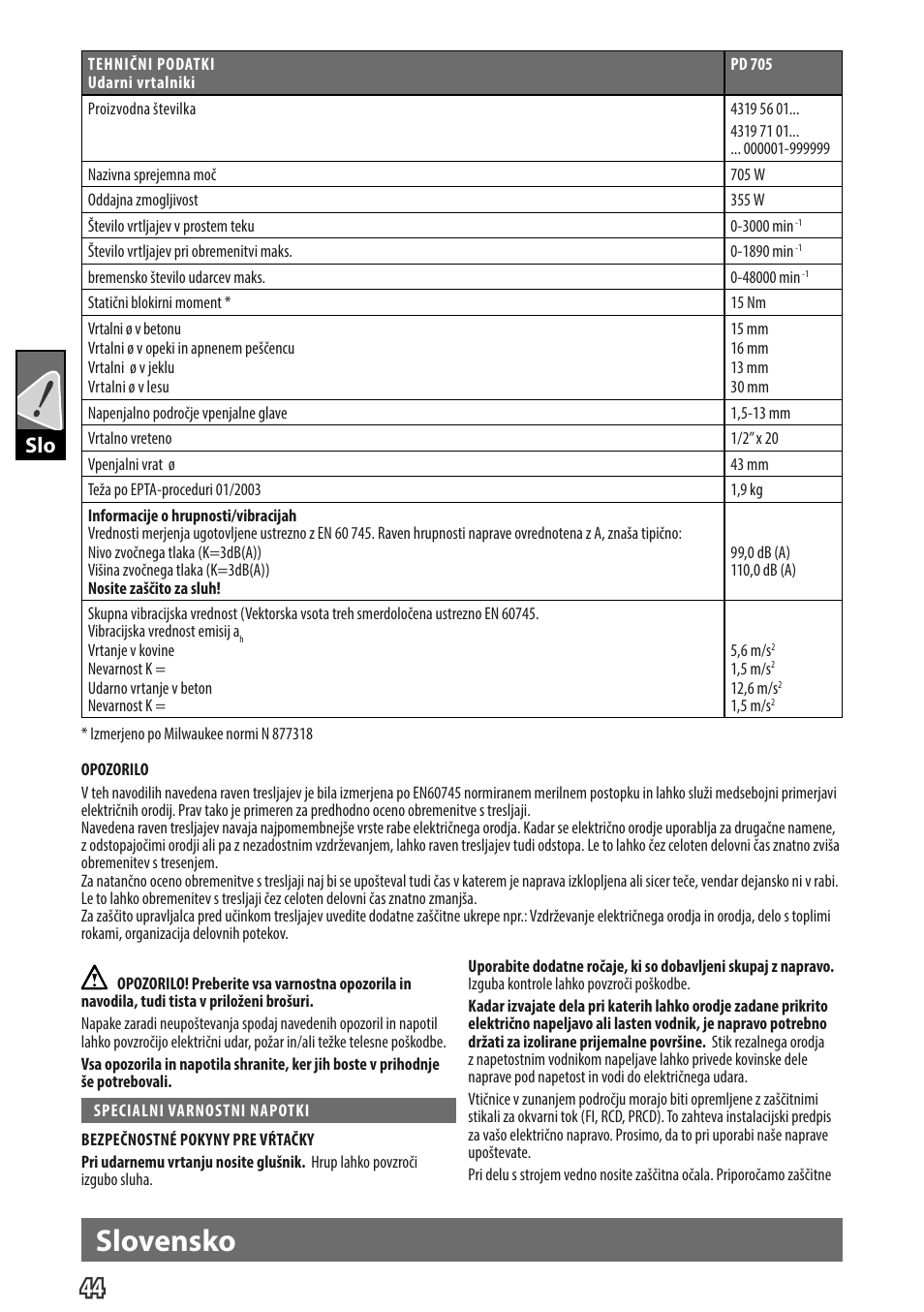 Slovensko, Gb slo | Milwaukee PD 705 User Manual | Page 46 / 66